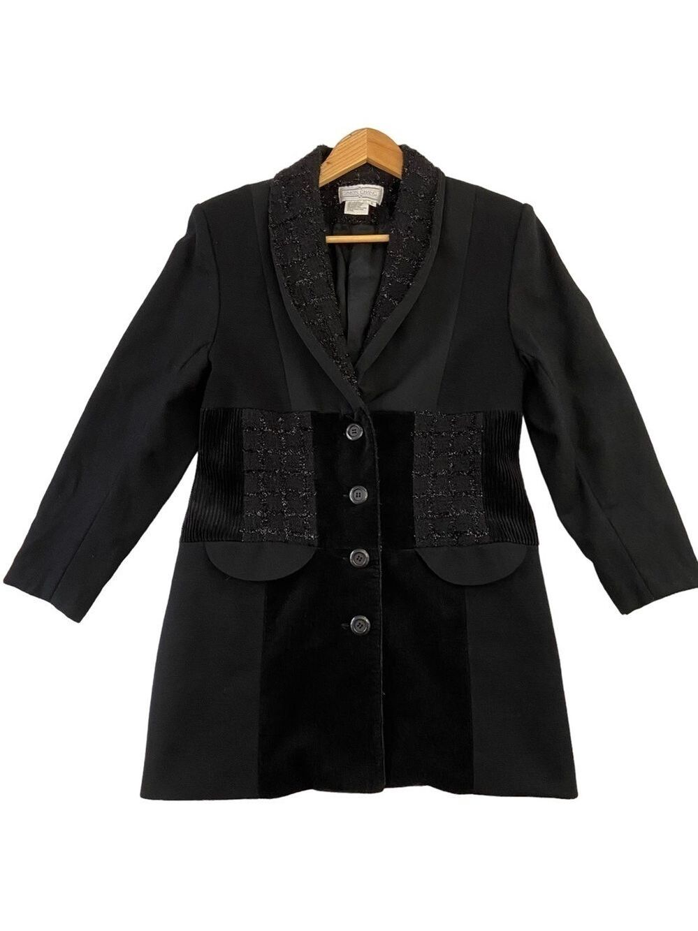Vintage Simon Chang black long blazer jacket wool blend pockets button closure 6